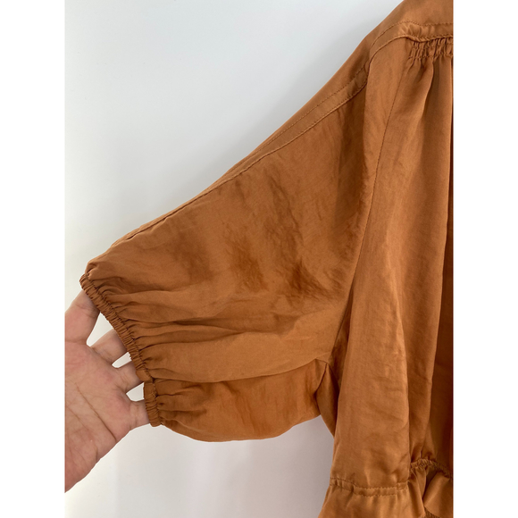 Maisie NWT Short Sleeve Split V Neck Drawstring Waist Tie Blouse Bronze Med New - Picture 3 of 7